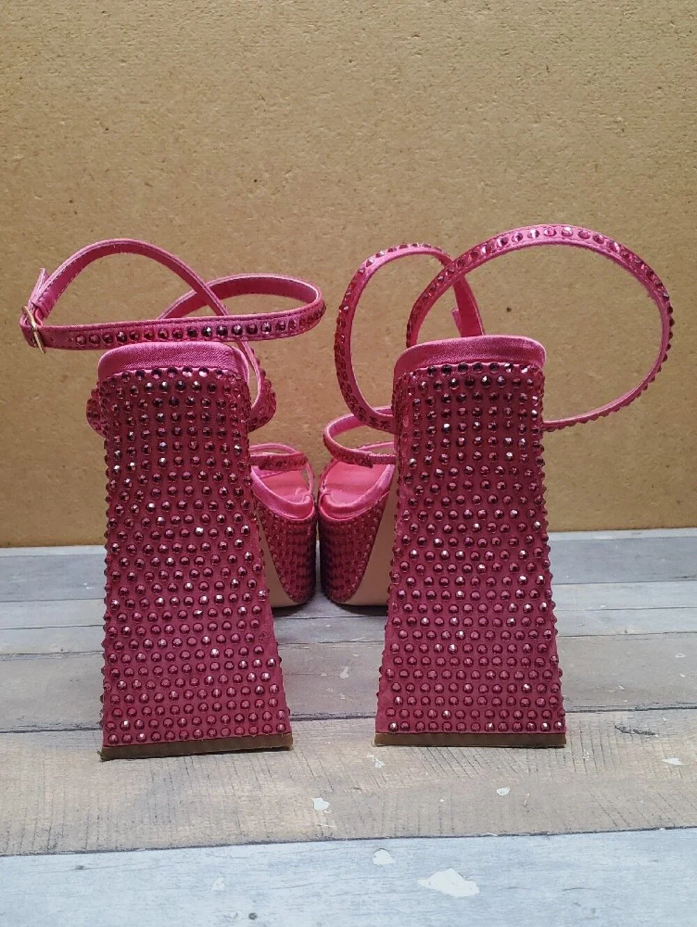 Miss Lola Asking For Drama Rhinestone-embellished Hot Pink Satin Block Heels